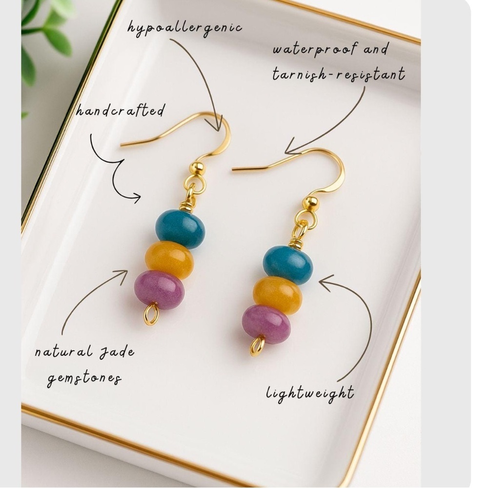 Handmade Jade Bead Earrings Lightweight Gemstone Drops w/ 18k Gold Plated Hooks - Picture 2 of 6